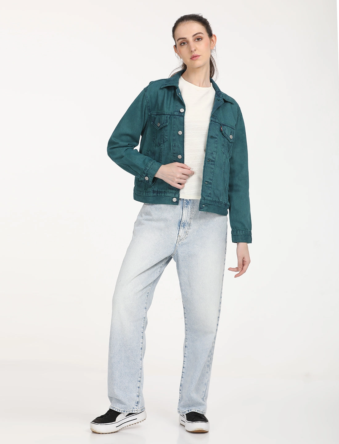 Women's Solid Teal Green Spread Collar Trucker Jacket