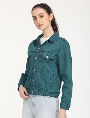 Women's Solid Teal Green Spread Collar Trucker Jacket