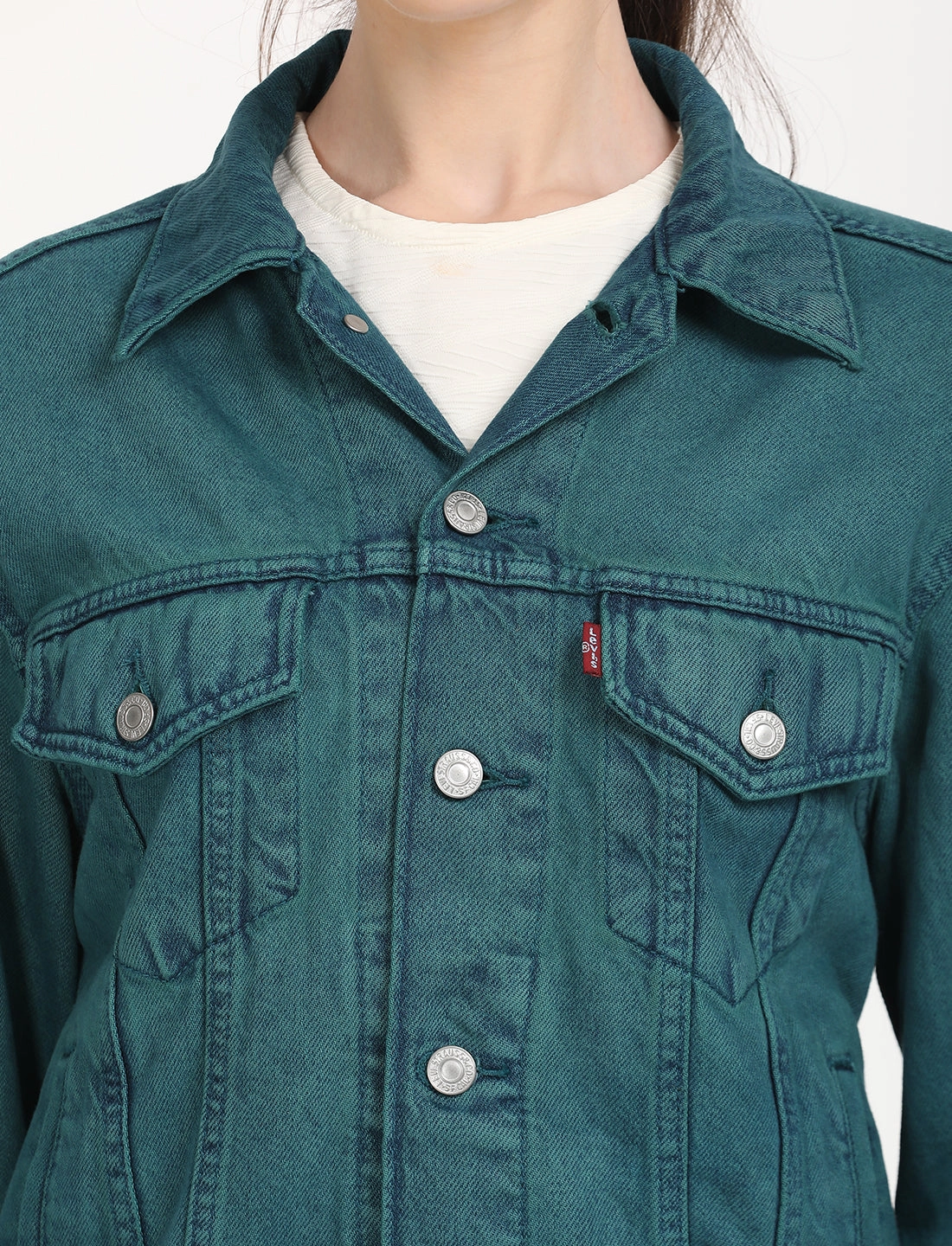 Women's Solid Teal Green Spread Collar Trucker Jacket
