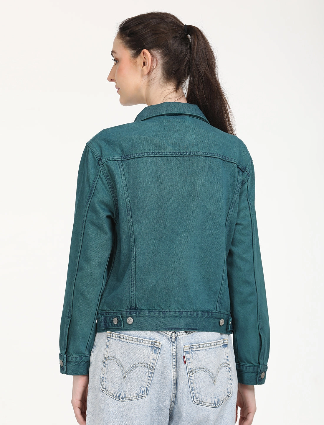 Women's Solid Teal Green Spread Collar Trucker Jacket