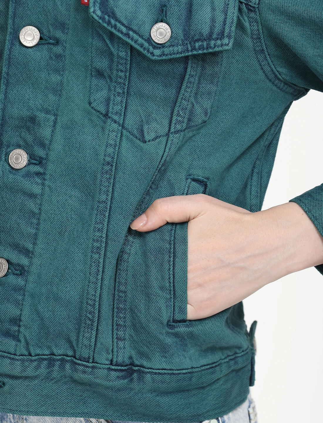 Women's Solid Teal Green Spread Collar Trucker Jacket